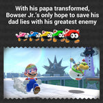 Cartoon characters with text about Bowser Jr. and his dad, set against a backdrop of a lighthouse and castle. From the game Super Mario 3D World + Bowser's Fury - Nintendo Switch.