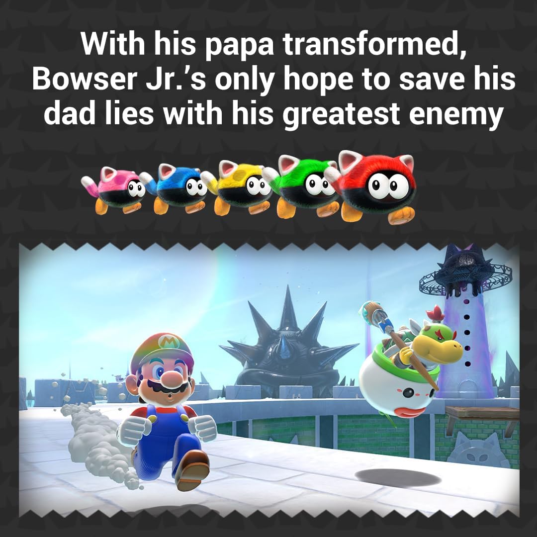 Cartoon characters with text about Bowser Jr. and his dad, set against a backdrop of a lighthouse and castle. From the game Super Mario 3D World + Bowser's Fury - Nintendo Switch.
