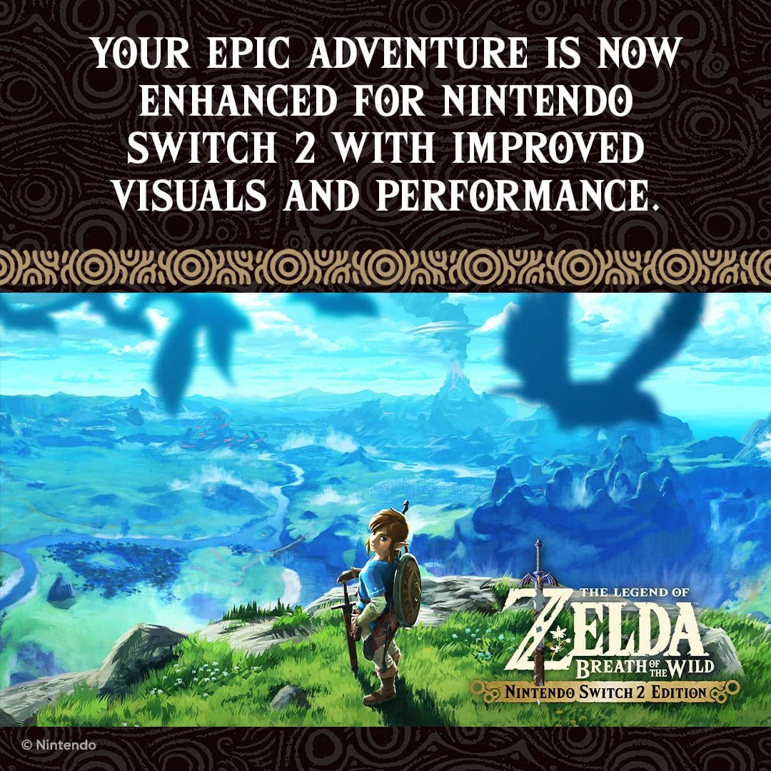 Promotional image for 'The Legend of Zelda: Breath of the Wild' Nintendo Switch 2 Edition with scenic landscape and character.