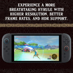 Gaming console with a screen displaying a game, text about improved gaming experience on a decorative background.