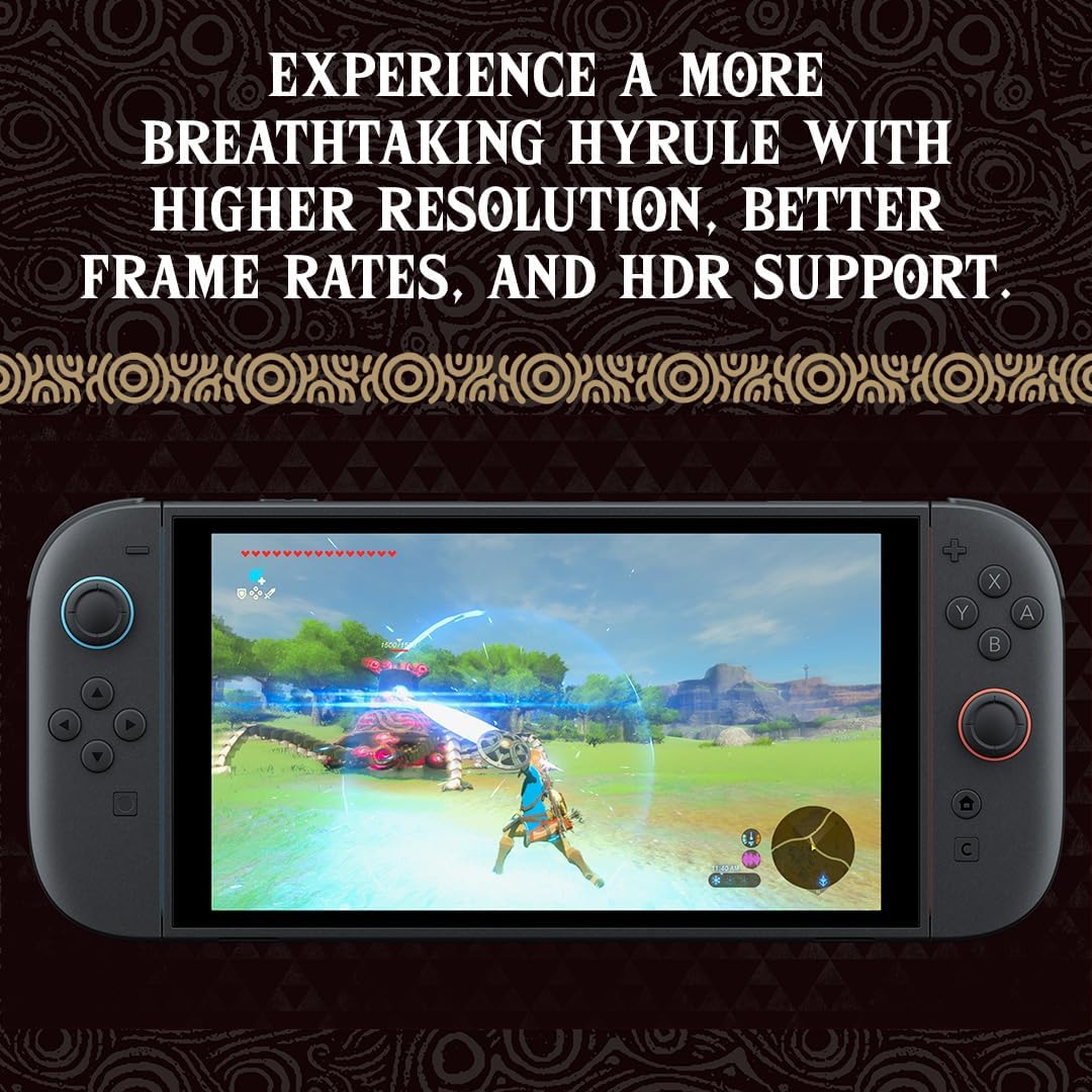 Gaming console with a screen displaying a game, text about improved gaming experience on a decorative background.