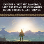 Silhouette of a character standing on a mountain with a scenic landscape, text overlay about exploring Hyrule.