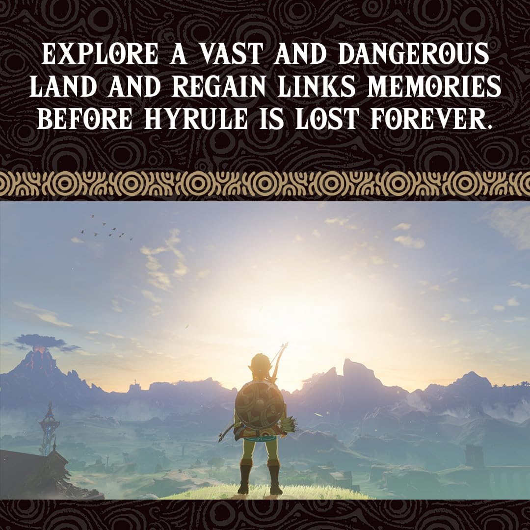 Silhouette of a character standing on a mountain with a scenic landscape, text overlay about exploring Hyrule.