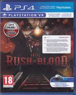 PS4 video game cover for 'Until Dawn: Rush of Blood' with PlayStation VR requirements, featuring a horror clown face above train tracks on a dark background.