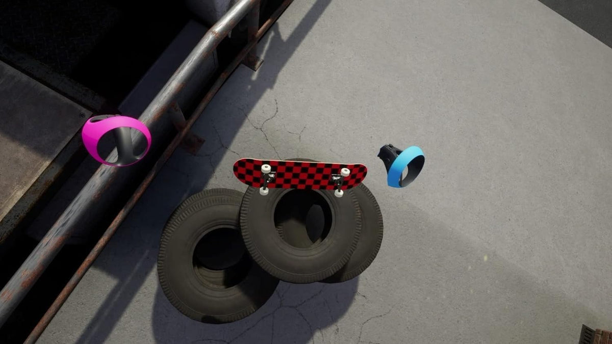 Two small tires with colorful rims on a concrete surface. From the game VR Skater for PlayStation 5.