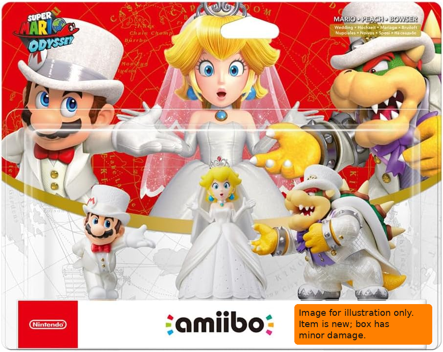 Super Mario, Princess Peach and Bowser triple pack Amiibo figures for Nintendo Switch showing front packaging. (Slight damaged packaging)