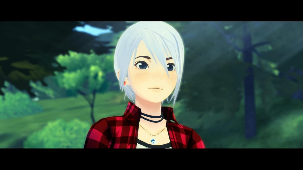 Another Code Recollection Nintendo Switch screenshot featuring Ashley Mizuki Robbins wearing a red and black checked shirt against a lush green woodland background.