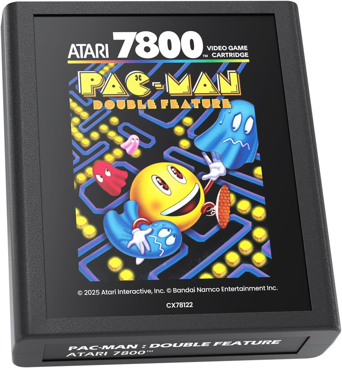 Pac-Man Double Feature physical game cartridge for Atari 2600+ Pac-Man Edition, featuring colourful Pac-Man artwork and classic Atari 7800 cartridge styling.