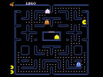 Pac-Man Double Feature gameplay on Atari 2600+ showing an alternative blue maze layout with Pac-Man, ghosts and classic arcade-style pixel graphics.