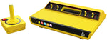 Atari 2600+ Pac-Man Edition retro console shown with the yellow CX40+ wireless joystick, featuring the classic Atari design with distinctive Pac-Man yellow detailing.