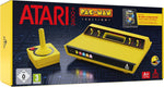 Atari 2600+ Pac-Man Edition retro gaming console retail box, featuring the black and yellow Atari console, yellow wireless joystick and Pac-Man Double Feature cartridge.