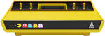 Atari 2600+ Pac-Man Edition retro gaming console shown from the front, highlighting the black casing, yellow trim, cartridge slot and classic Atari control switches.