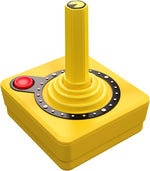 Atari CX40+ wireless joystick in Pac-Man yellow, featuring a classic arcade-style joystick, red action button and black Pac-Man themed detailing.