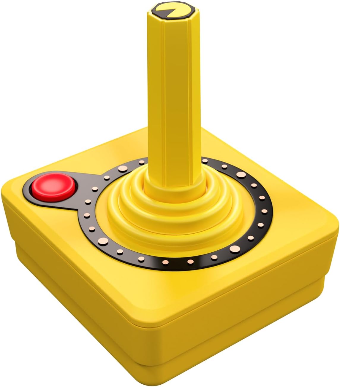 Atari CX40+ wireless joystick in Pac-Man yellow, featuring a classic arcade-style joystick, red action button and black Pac-Man themed detailing.