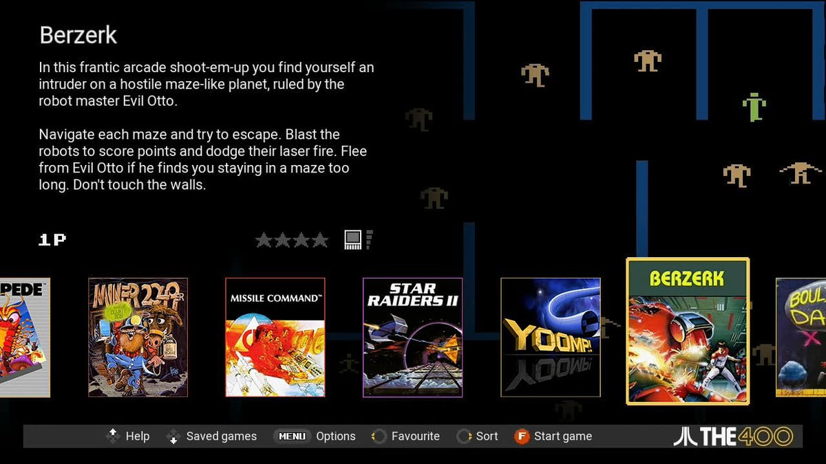 Atari THE400 Mini games selection menu displaying classic Atari titles with colourful game cover artwork, descriptions and retro game previews.