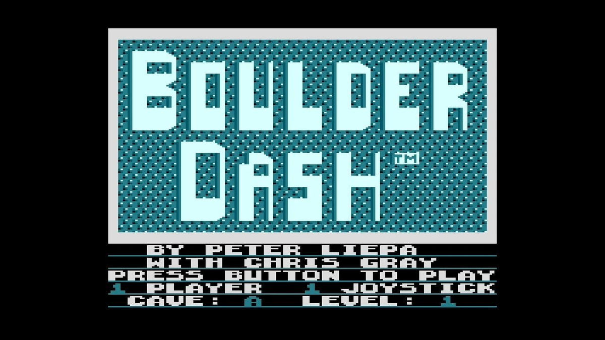 Boulder Dash retro game title screen on Atari THE400 Mini, featuring classic 8-bit graphics from the original Atari computer game.
