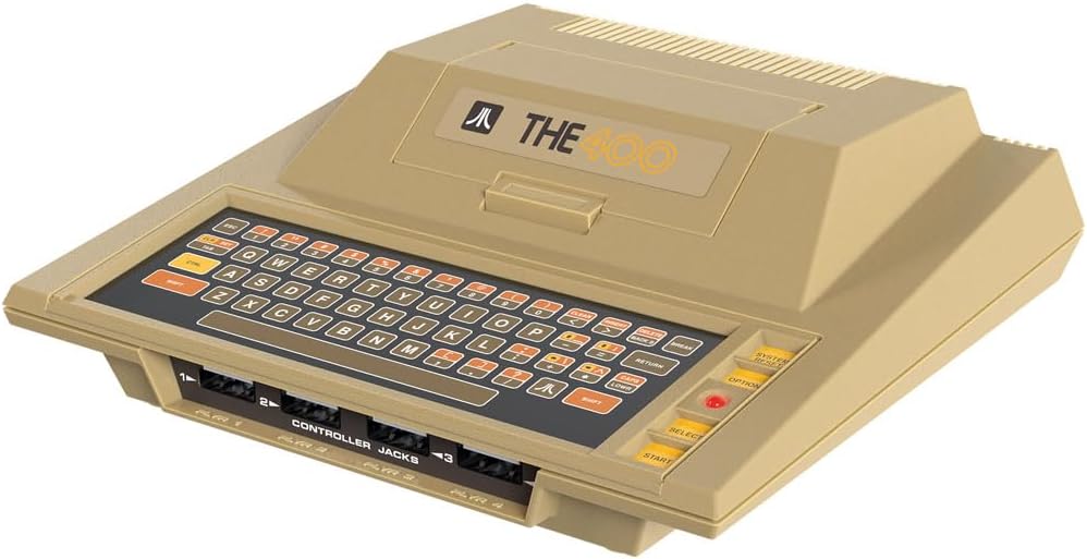 Atari THE400 Mini retro gaming console shown at an angle, highlighting its compact beige computer-style housing, detailed replica keyboard and classic Atari design.