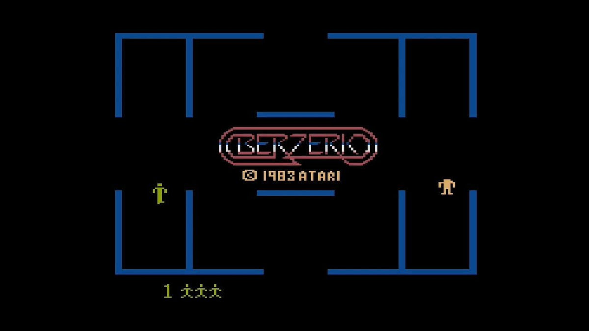 Hover Bovver classic Atari game screenshot on THE400 Mini retro console, showing the title screen with blue maze-style graphics against a black background.