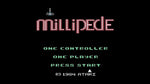 Millipede classic Atari arcade game title screen on THE400 Mini retro console, showing the original pixel-style Millipede logo and game menu.