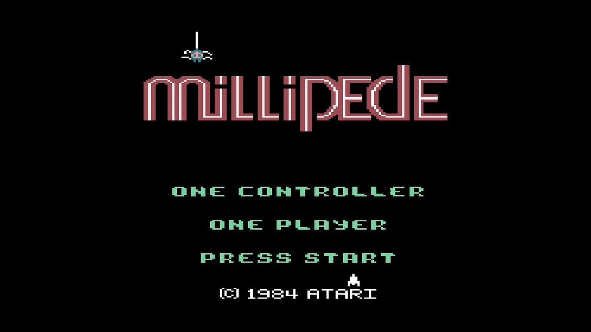 Millipede classic Atari arcade game title screen on THE400 Mini retro console, showing the original pixel-style Millipede logo and game menu.