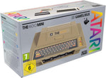Atari THE400 Mini retro gaming console in official retail packaging, featuring the classic Atari 400 computer design, 25 built-in games and included joystick.
