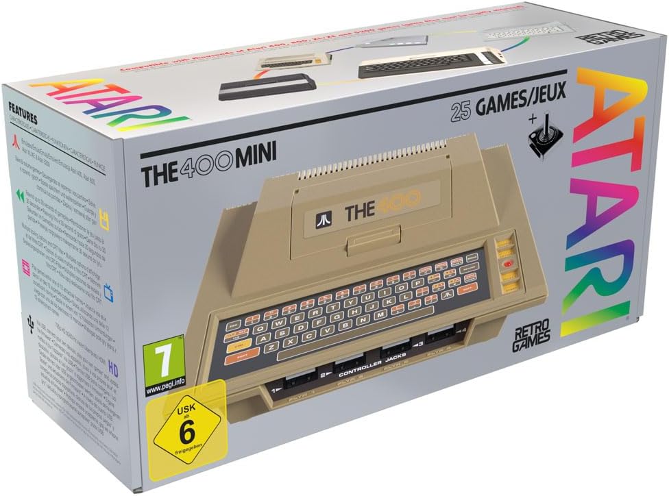 Atari THE400 Mini retro gaming console in official retail packaging, featuring the classic Atari 400 computer design, 25 built-in games and included joystick.