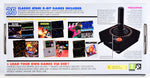 Back of Atari THE400 Mini retail packaging showing the retro gaming console, included joystick, built-in game screenshots and product information.