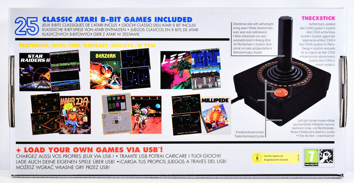Back of Atari THE400 Mini retail packaging showing the retro gaming console, included joystick, built-in game screenshots and product information.