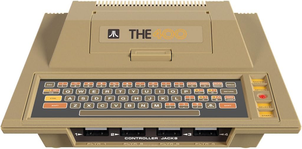 Atari THE400 Mini retro console front view, showing the beige Atari 400-inspired casing, classic keyboard design and front connection ports.