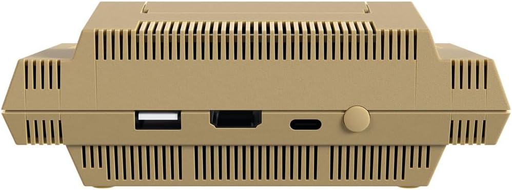 Rear view of the Atari THE400 Mini console showing its ventilation slots, USB connections, HDMI output and power button.