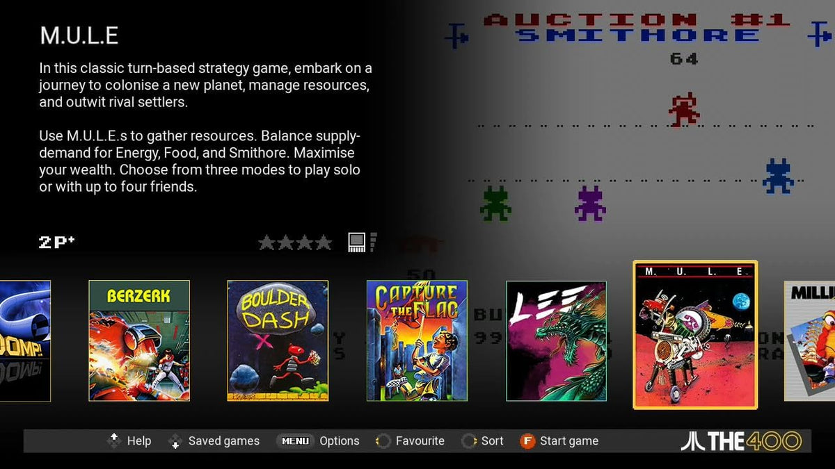 Atari THE400 Mini retro console interface showing the built-in games library, selected game information and a preview of classic Atari gameplay.