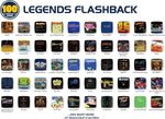 AtGames Legends Flashback collection of 100 built-in retro games, showing a selection of classic arcade game titles and colourful game artwork.