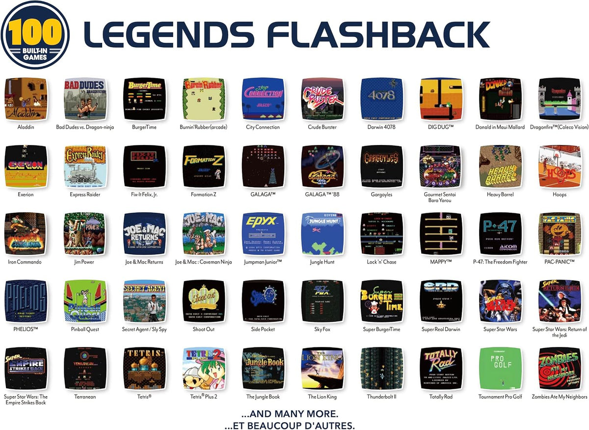 AtGames Legends Flashback collection of 100 built-in retro games, showing a selection of classic arcade game titles and colourful game artwork.