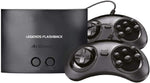 AtGames Legends Flashback retro gaming console in black shown with two matching wired game controllers, featuring a compact design and front controller ports.