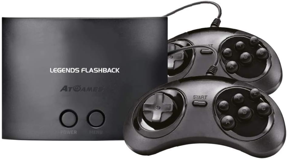 AtGames Legends Flashback retro gaming console in black shown with two matching wired game controllers, featuring a compact design and front controller ports.