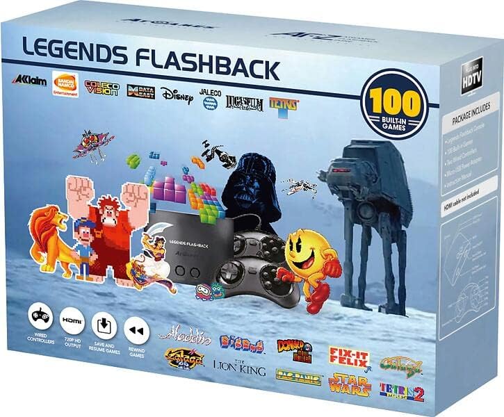 AtGames Legends Flashback retro gaming console retail box featuring 100 built-in games, two wired controllers and classic arcade game artwork.