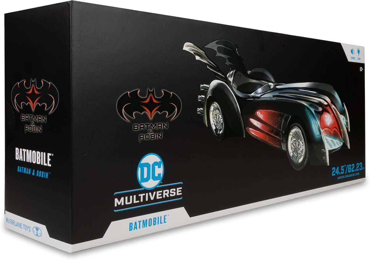 McFarlane DC Multiverse Batman and Robin Batmobile retail packaging showing the 24.5-inch vehicle with light and sound features