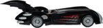Rear side view of the Batman and Robin Batmobile showing the large bat wing, triple exhausts and red side detailing