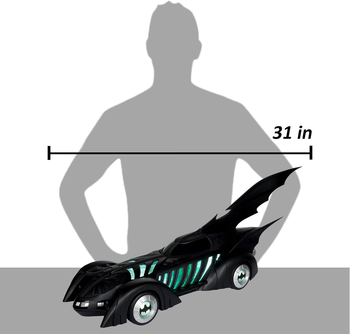 McFarlane Batman Forever Batmobile size comparison showing its approximately 31-inch length