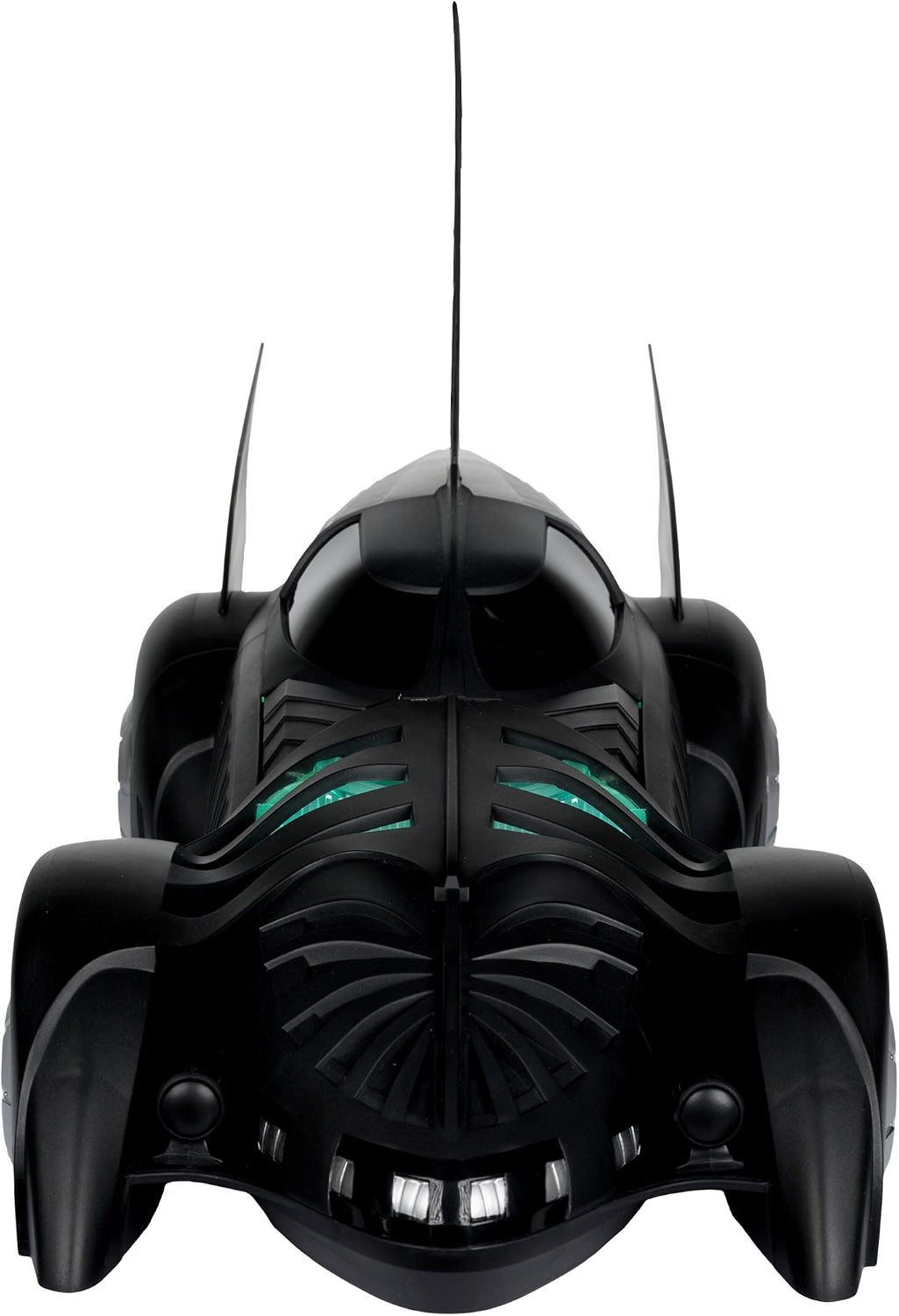 Front view of the Batman Forever Batmobile showing its sculpted bonnet, headlights and distinctive bat-inspired design