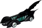 Batman Forever Batmobile shown with green illuminated side details and Batman logo wheel emblems