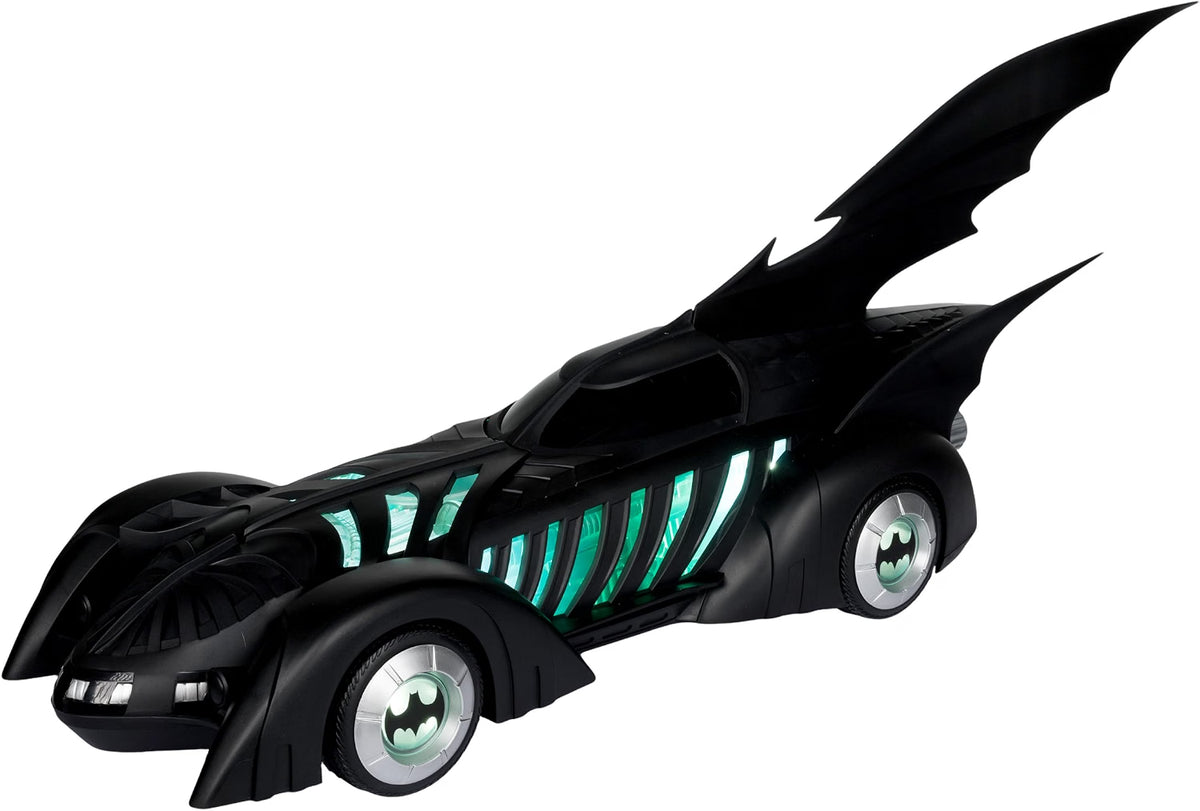 Batman Forever Batmobile shown with green illuminated side details and Batman logo wheel emblems