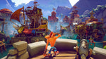Crash Bandicoot 4 It's About Time Nintendo Switch screenshot featuring Crash in a vibrant adventure level with wooden platforms and colourful scenery.