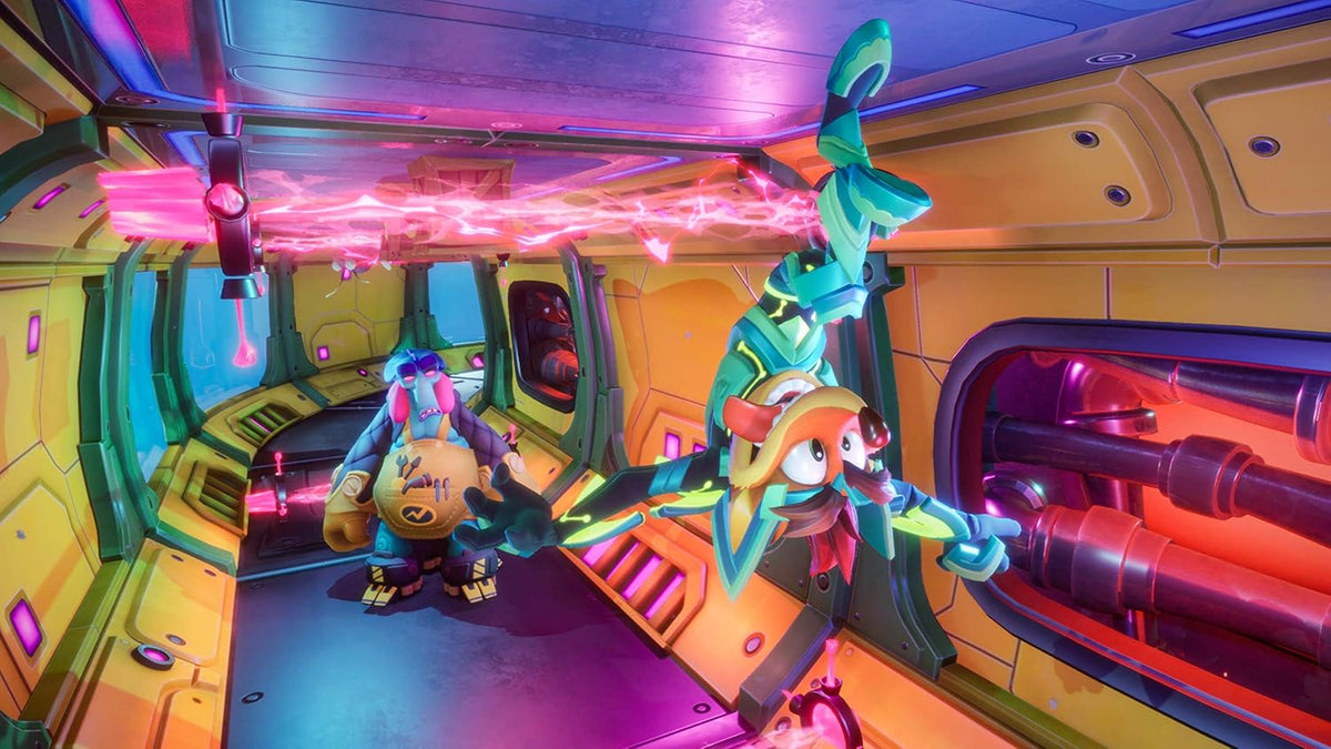 Crash Bandicoot 4 It's About Time Nintendo Switch gameplay screenshot showing a colourful futuristic level with neon lighting and platforming challenges.