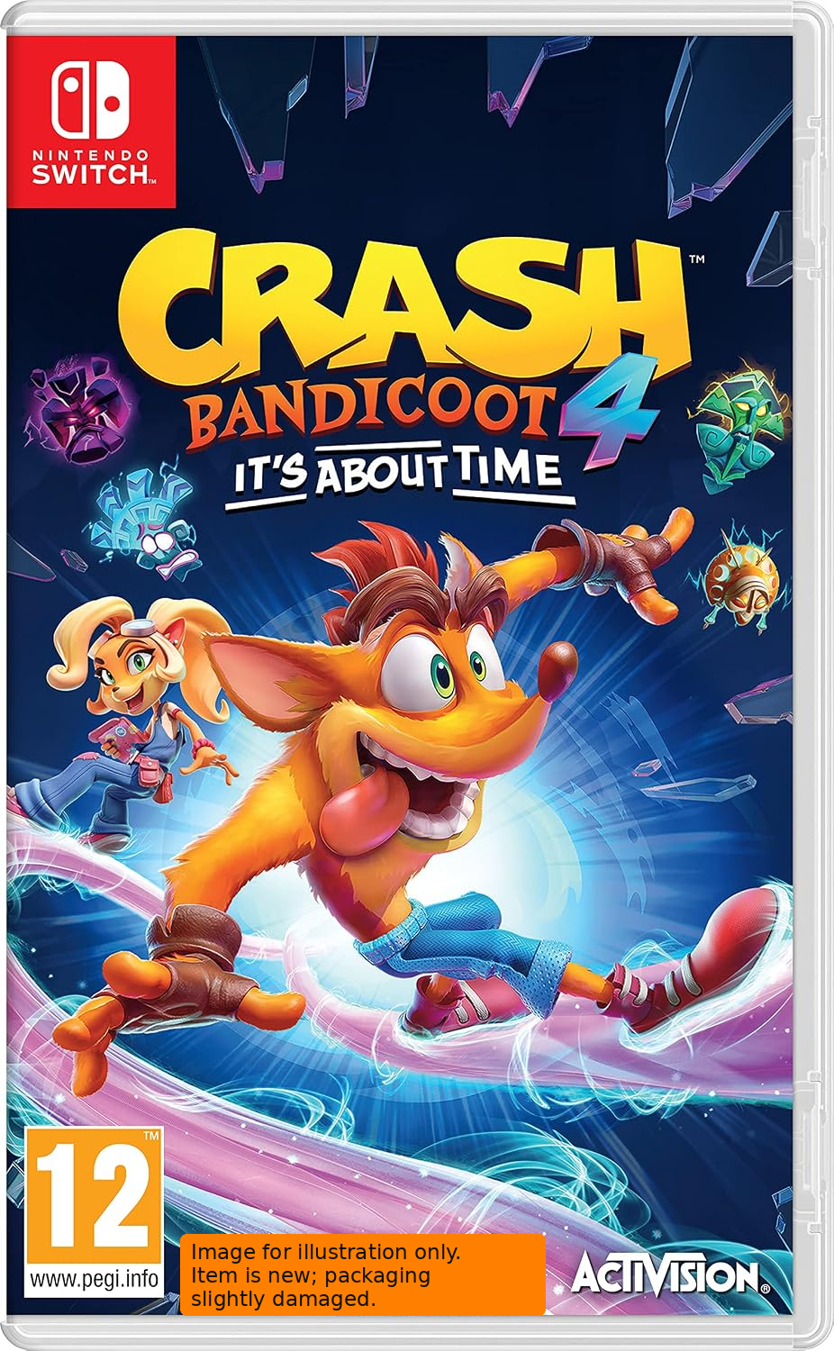 Crash Bandicoot 4 It's About Time Nintendo Switch game cover featuring Crash Bandicoot, official artwork and PEGI 12 rating.
