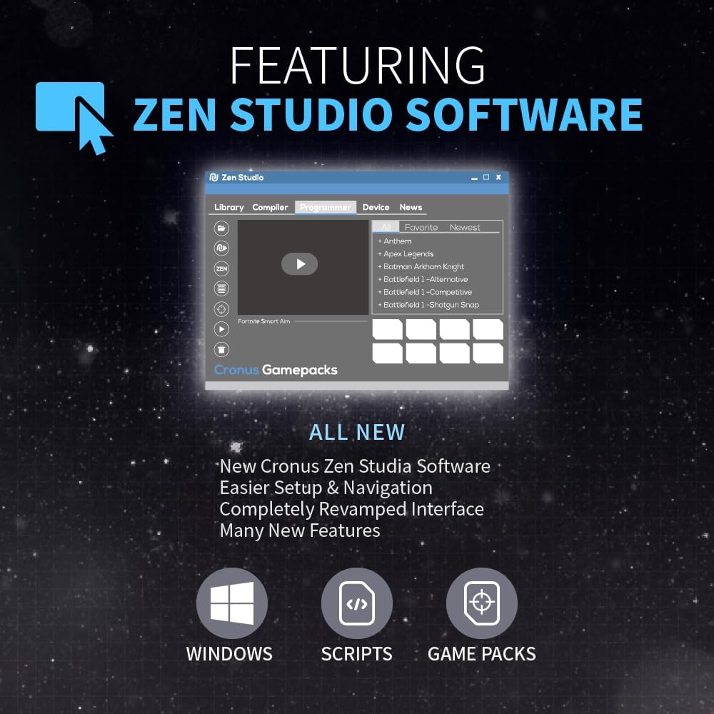 Cronus Zen Studio software interface for configuring GamePacks, scripts and settings