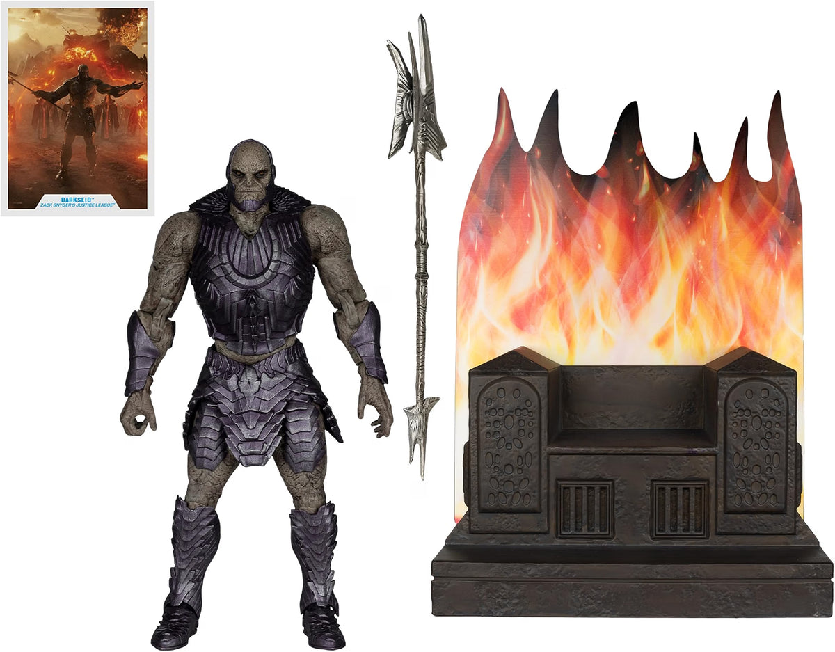 Darkseid action figure with throne, staff weapon, fiery backdrop and Zack Snyder's Justice League collectible art card