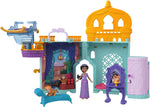 Disney Princess Jasmine Storytime Stackers palace playset opened and arranged with Jasmine, Rajah, Abu and furniture