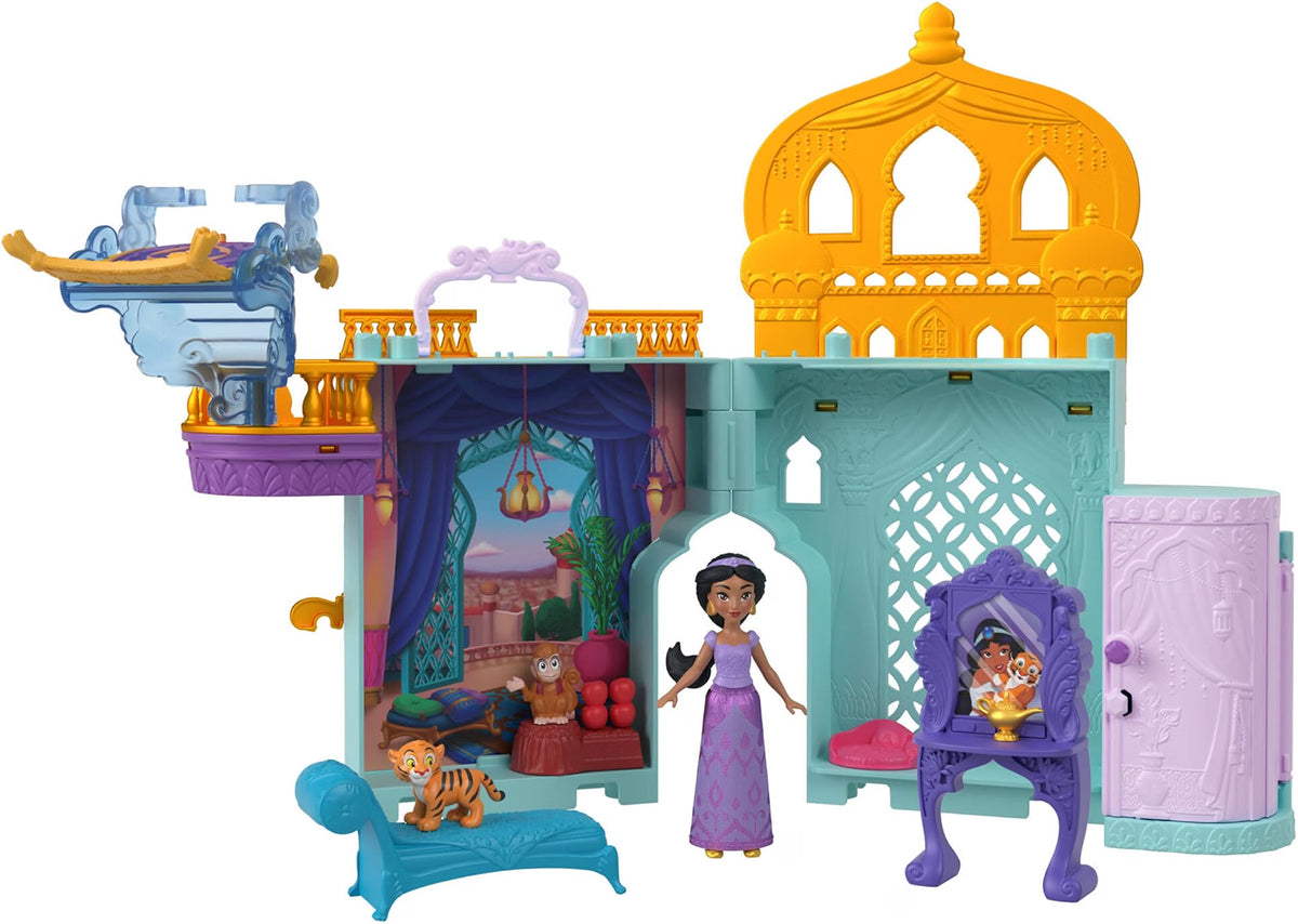 Disney Princess Jasmine Storytime Stackers palace playset opened and arranged with Jasmine, Rajah, Abu and furniture