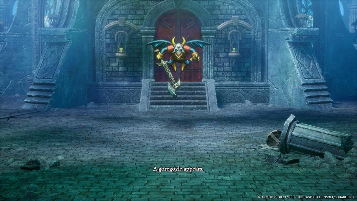 Dragon Quest I & II HD-2D Remake PlayStation 5 gameplay featuring an atmospheric ancient stone temple with a mysterious creature and blue lighting.